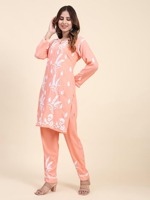 Fizaa Chikankari Short Modal Kurta Set - Peach
